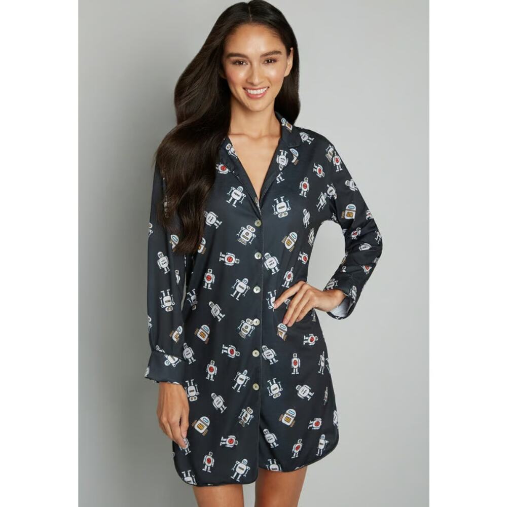 Modcloth x Breakfast for Dinner Long Sleeve Sleep Shirt Robot Print Womens Small